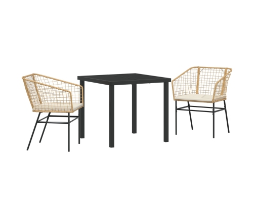 Conjunto de Comedor de Jardín  de 3 Piezas con Cojines Marrón Ratan Polipropileno
