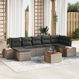 Conjunto de Sofá de Jardín de 8 Piezas con Cojines Gris de Poliratán y Acacia