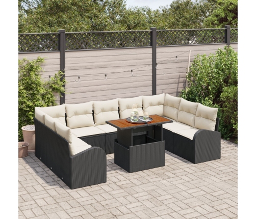 Conjunto de Comedor de Jardín  de 10 Piezas con Cojines Negro Ratán Poli Acacia