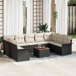 Conjunto de Sofás de Jardín de 10 Piezas con Cojines Negro Poliratán Acacia