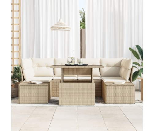 Conjunto de Sofá de Jardín de 7 Piezas con Cojines Beige de Ratán Poliéster