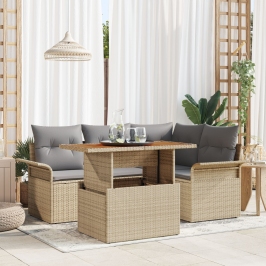Conjunto de Comedor de Jardín de 5 Piezas con Cojines Beige Ratán Poliéster Acacia