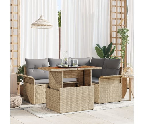 Conjunto de Comedor de Jardín de 5 Piezas con Cojines Beige Ratán Poliéster Acacia