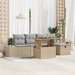 Conjunto de Sofá de Jardín de 6 Piezas con Cojines Beige Ratán Poly