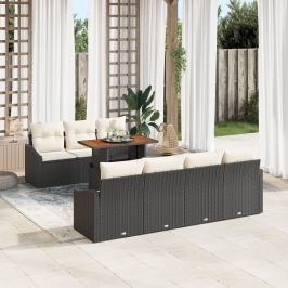 Conjunto de comedor de jardín de 8 piezas con cojines de ratán poli negro acacia