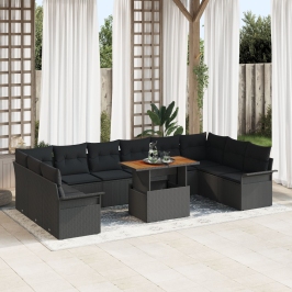 Juego de Comedor de Jardín de 11 Piezas con Cojines Negro Poliratán Acacia