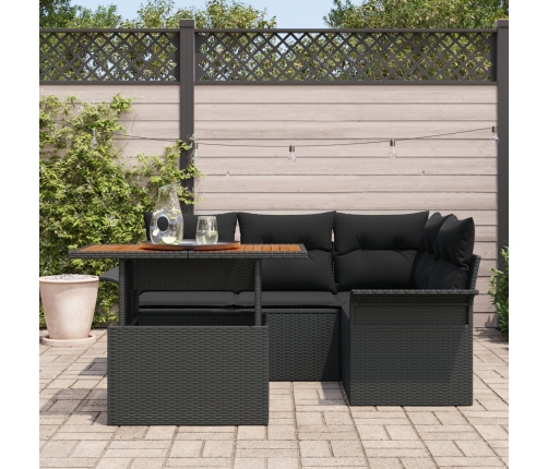 Conjunto de Comedor de Jardín de 5 piezas con cojines Negros de Poliratán y Acacia