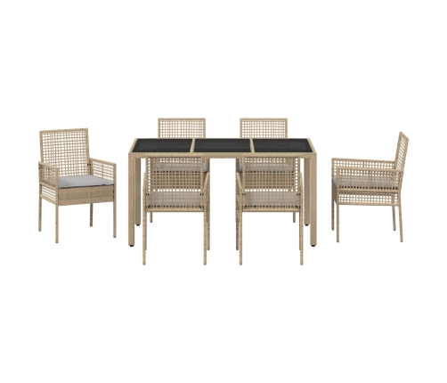 Conjunto de Comedor de Jardín de 7 Piezas con Cojines Beige de Poliratán