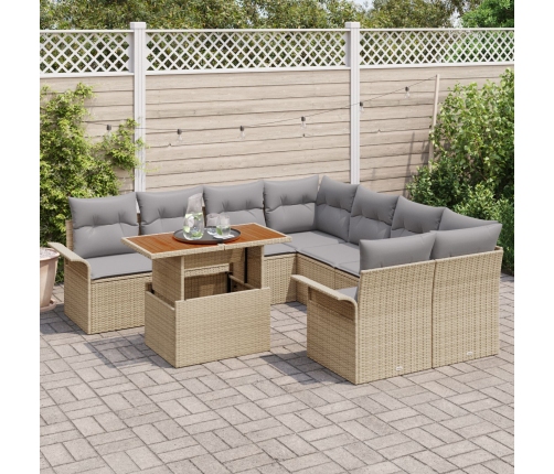 Conjunto de Sofá de Jardín de 9 Piezas con Cojines Beige Poliratán Acacia
