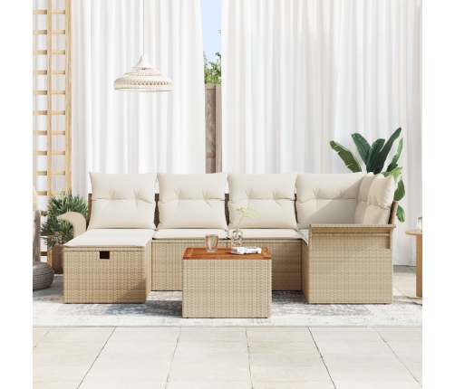 Conjunto de Sofá de Jardín de 7 Piezas con Cojines Beige Ratán Poliéster