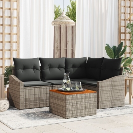 Set de Sofá de Jardín de 5 Piezas con Cojines Gris Ratán Poli Acacia