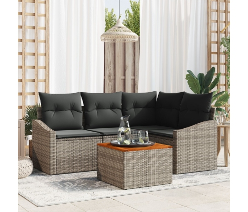 Set de Sofá de Jardín de 5 Piezas con Cojines Gris Ratán Poli Acacia