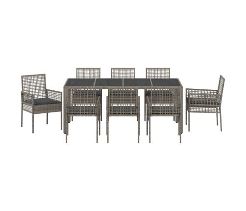 Conjunto de Comedor de Jardín de 9 Piezas con Cojines en Gris de Poliratán