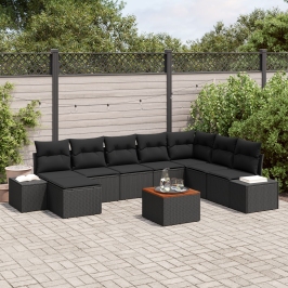 Conjunto de Sofá de Jardín de 9 Piezas con Cojines Negro Poliratán Acacia