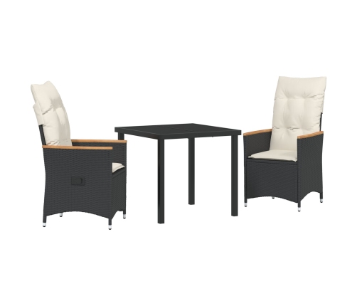 Conjunto de Comedor de Jardín  de 3 Piezas con Cojines de Ratán Poliéster Negro
