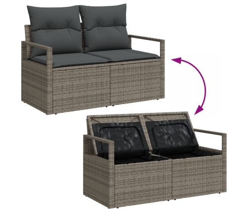 Juego de Sofás de Jardín de 10 Piezas con Cojines Gris Polirratán Acacia,  Sofá de Jardín de 2 Plazas con Almacenamiento y Cojines Gris Polirratán,  Juego de Comedor de Jardín de 4 Piezas con Cojines Gris Polirratán Acacia