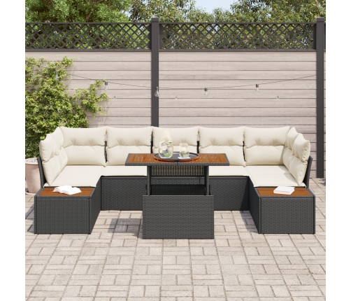 Conjunto de Comedor de Jardín de 8 Piezas con Cojines Negro Ratán Poliéster Acacia