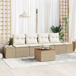 Conjunto de Sofá de Jardín  de 5 Piezas con Cojines Beige Ratán Sintético Acacia