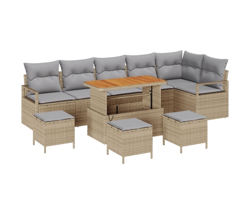 Conjunto de Sofás de Jardín de 10 Piezas con Cojines Beige Poliratán Acacia, Sofá de Jardín de 2 Plazas con Almacenamiento y Cojines Beige Poliratán, Conjunto de Comedor de Jardín de 4 Piezas con Cojines Beige Poliratán Acacia