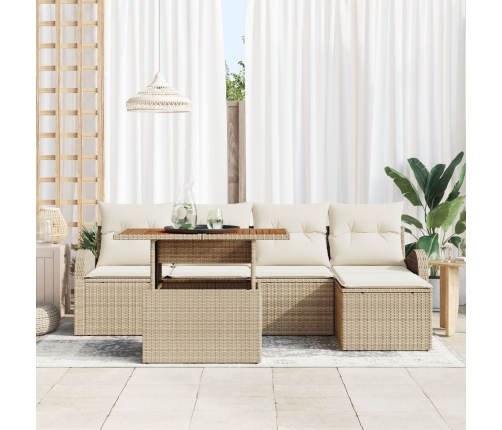 Conjunto de Comedor de Jardín de 6 Piezas con Cojines Beige de Poliratán y Acacia