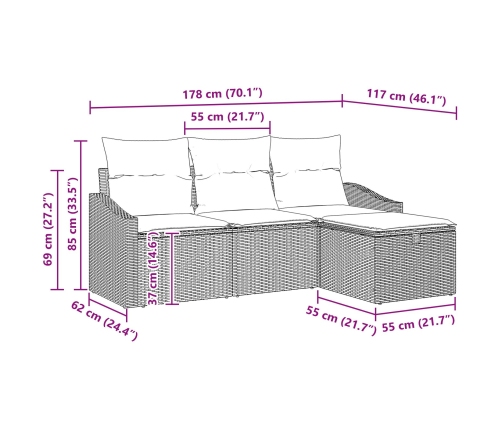 Conjunto de 4 Piezas de Sofá de Jardín con Cojines Gris Claro Rattan
