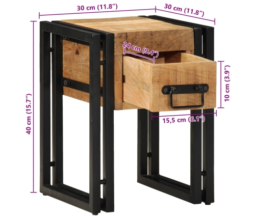 Mesa Auxiliar  con Cajón Negra 30x30x40 cm de Madera Maciza de Mango