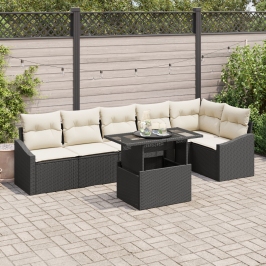 Conjunto de Sofá de Jardín  7 Piezas Negro y Crema Ratán y Poliéster