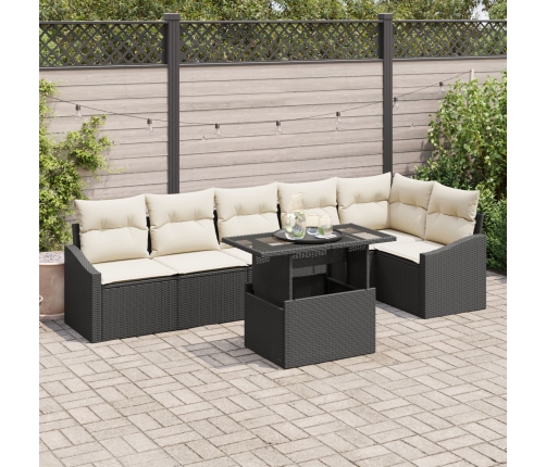 Conjunto de Sofá de Jardín  7 Piezas Negro y Crema Ratán y Poliéster