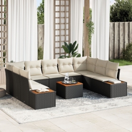 Conjunto de Sofás de Jardín de 10 Piezas con Cojines Negro Poliratán Acacia