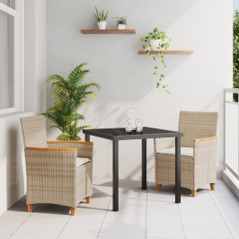Juego de Comedor de Jardín de  de 3 Piezas con Cojines Beige Poliratán
