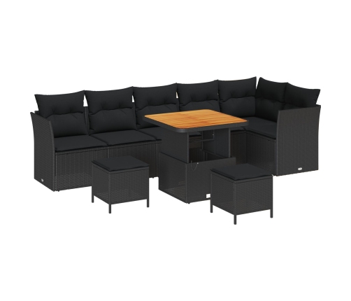 Set de Sofá de Jardín  de 9 Piezas con Cojines Negro Ratán Polipropileno Acacia, Set de Comedor de Jardín  de 3 Piezas con Cojines Negro Ratán Polipropileno Acacia
