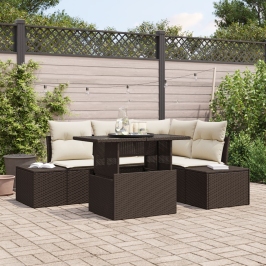 Conjunto de sofá de jardín de 5 piezas con cojines marrón de poli-rattan