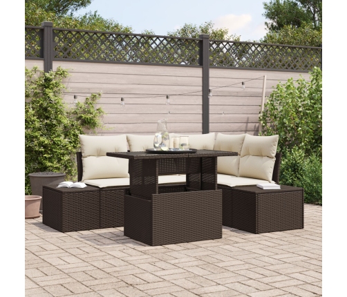 Conjunto de sofá de jardín de 5 piezas con cojines marrón de poli-rattan