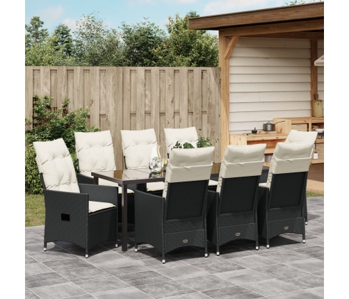Conjunto de Comedor de Jardín de 9 Piezas con Cojines Negro Poliratán