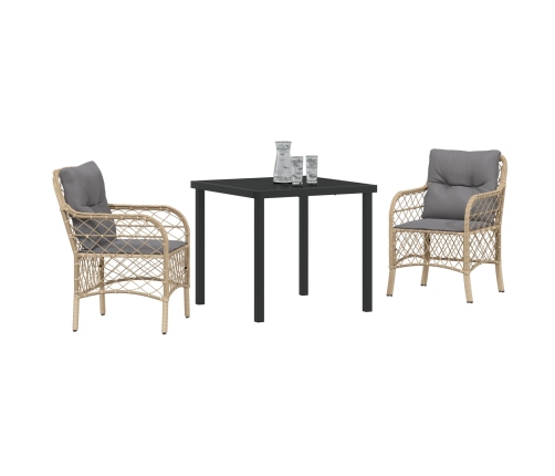 Juego de Comedor de Jardín de 3 Piezas con Cojines Beige Poliratán