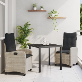 Set de Comedor de Jardín de 3 Piezas con Cojines gris claro de Rattan Sintético