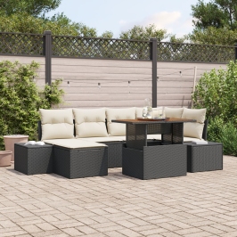 Conjunto de Comedor de Jardín de 7 Piezas con Cojines Negro Poliratán Acacia