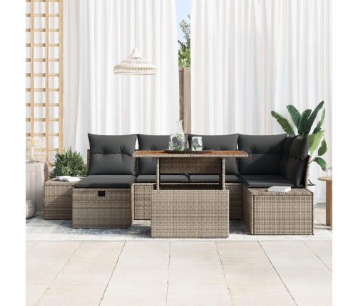 Conjunto de Comedor de Jardín de 7 Piezas con Cojines Gris Ratán Poliéster Acacia