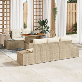 Set de Comedor de Jardín de 6 Piezas con Cojines Beige Ratán Poliéster Acacia