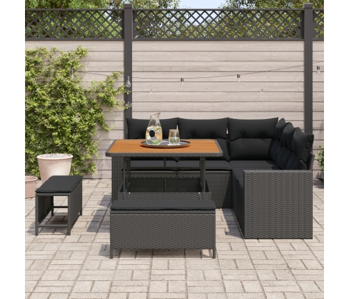Conjunto de Sofás de Jardín  de 8 piezas con Cojines Negro Polirratán Acacia, Conjunto de Comedor de Jardín  de 3 piezas con Cojines Negro Polirratán Acacia