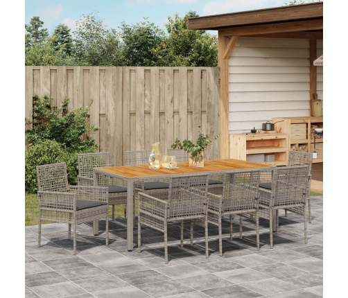 Conjunto de Comedor de Jardín de 9 Piezas con Cojines Gris Ratán Poliéster