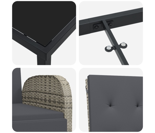 Set de comedor de jardín de 3 piezas con cojines Ratán Poliéster Gris