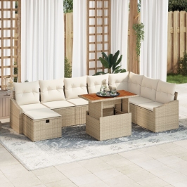 Conjunto de sofá de jardín de 9 piezas con cojines beige de ratán sintético