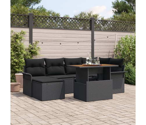 Conjunto de Comedor de Jardín de 7 Piezas con Cojines Negro Polirratán Acacia