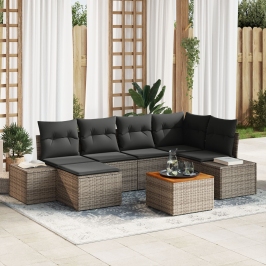 Conjunto de Sofás de Jardín de 7 Piezas con Cojines Gris Poliratán Acacia