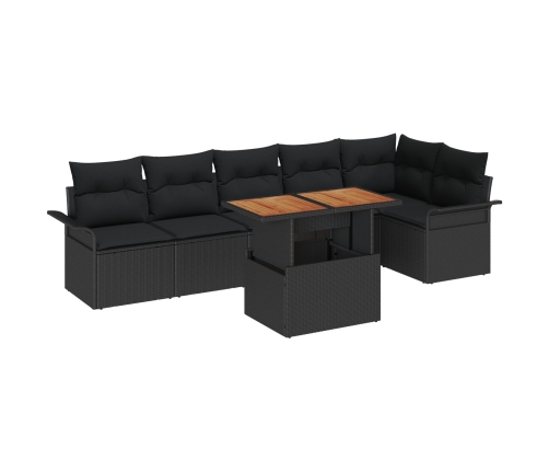 Conjunto de Comedor de Jardín de 7 Piezas con Cojines Negro Ratán Polietileno Acacia