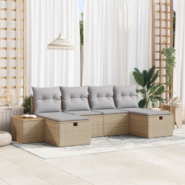 Conjunto de Sofá de Jardín  de 6 Piezas con Cojines Beige Ratán Poliéster