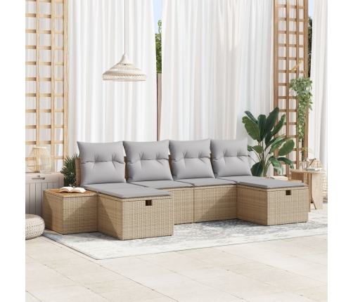 Conjunto de Sofá de Jardín  de 6 Piezas con Cojines Beige Ratán Poliéster