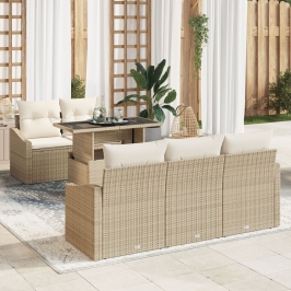 Conjunto de Sofás de Jardín de 6 Piezas con Cojines Beige Ratán Poliéster
