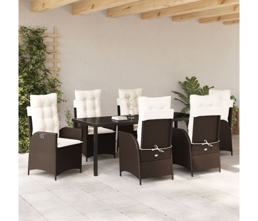 Juego de Comedor Jardín de 7 Piezas con Cojines Marrón Ratán Poliéster